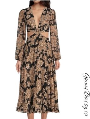 Gianni Bini Jacquard Cut out Long sleeves V-Neck flowy Midi A line Dress